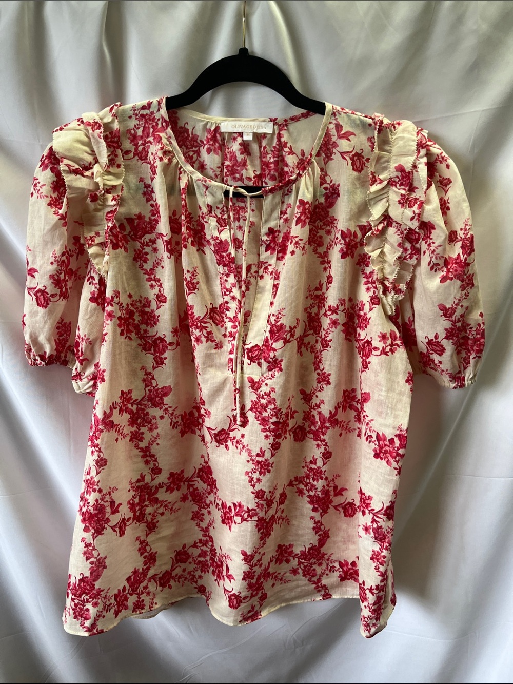 Olivaceous Cream Blouse with Red Floral Print and Ruffle Sleeves